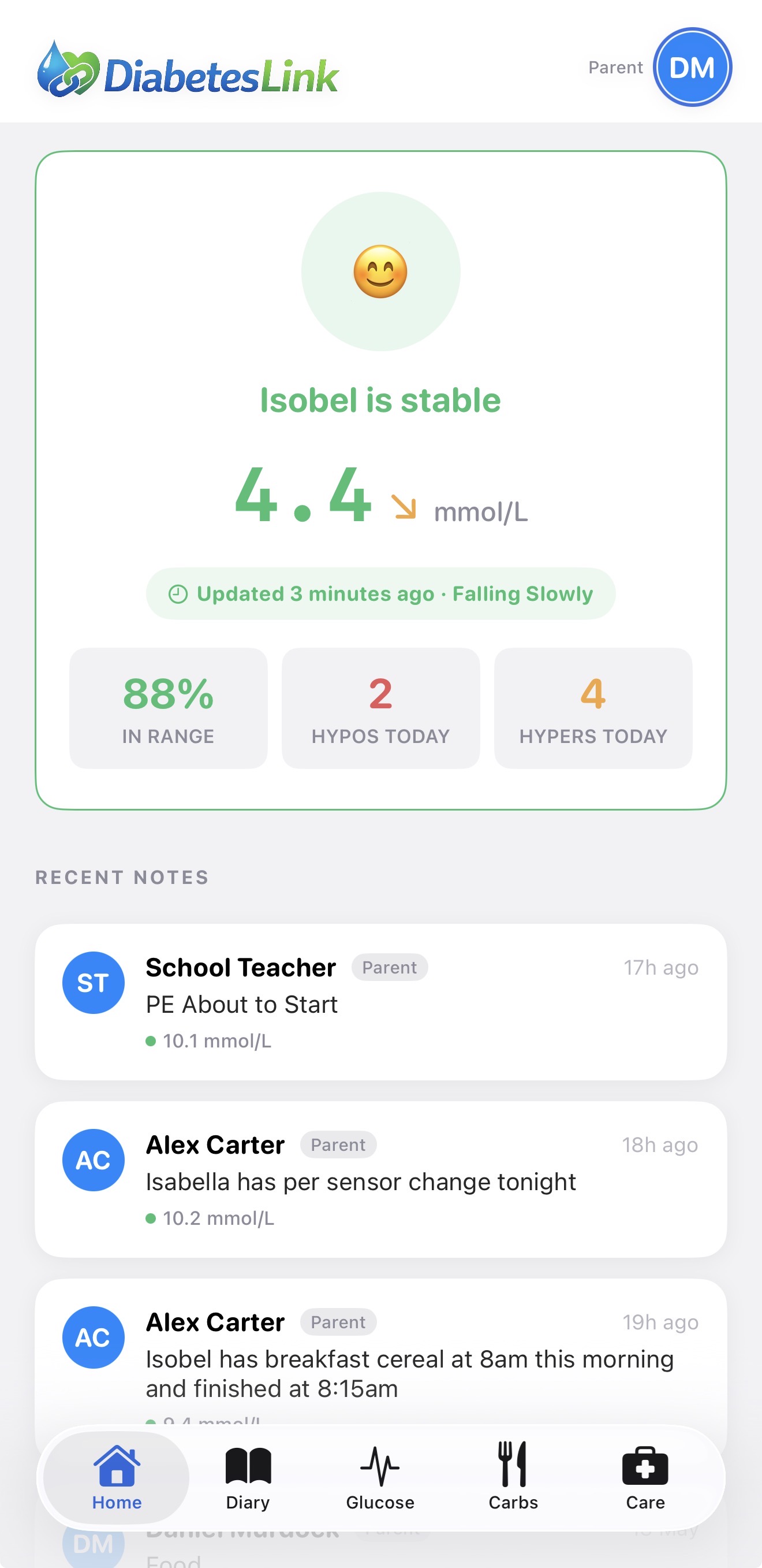 Home screen with stable glucose status and notes