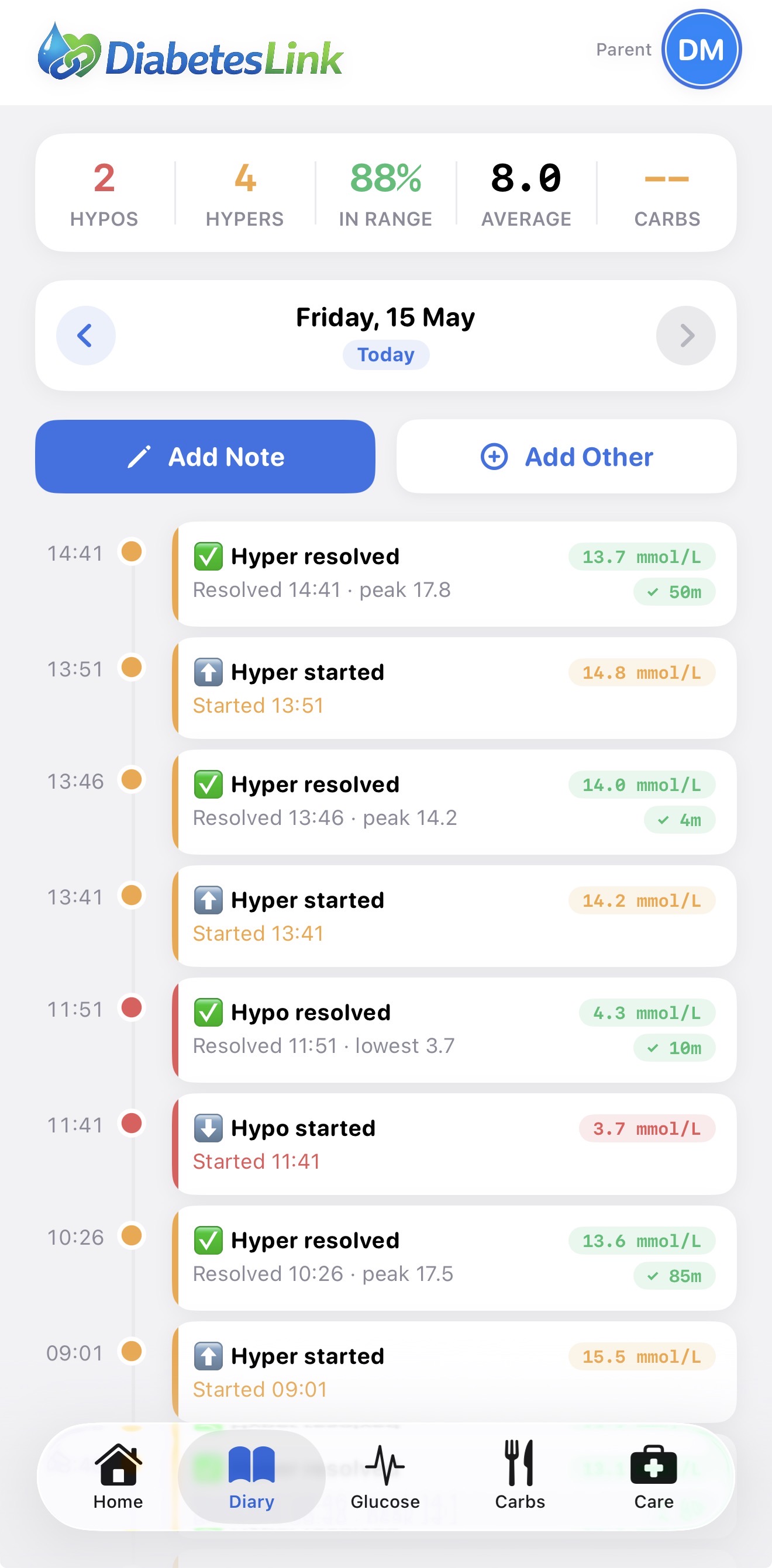 Diary screen showing logged glucose events